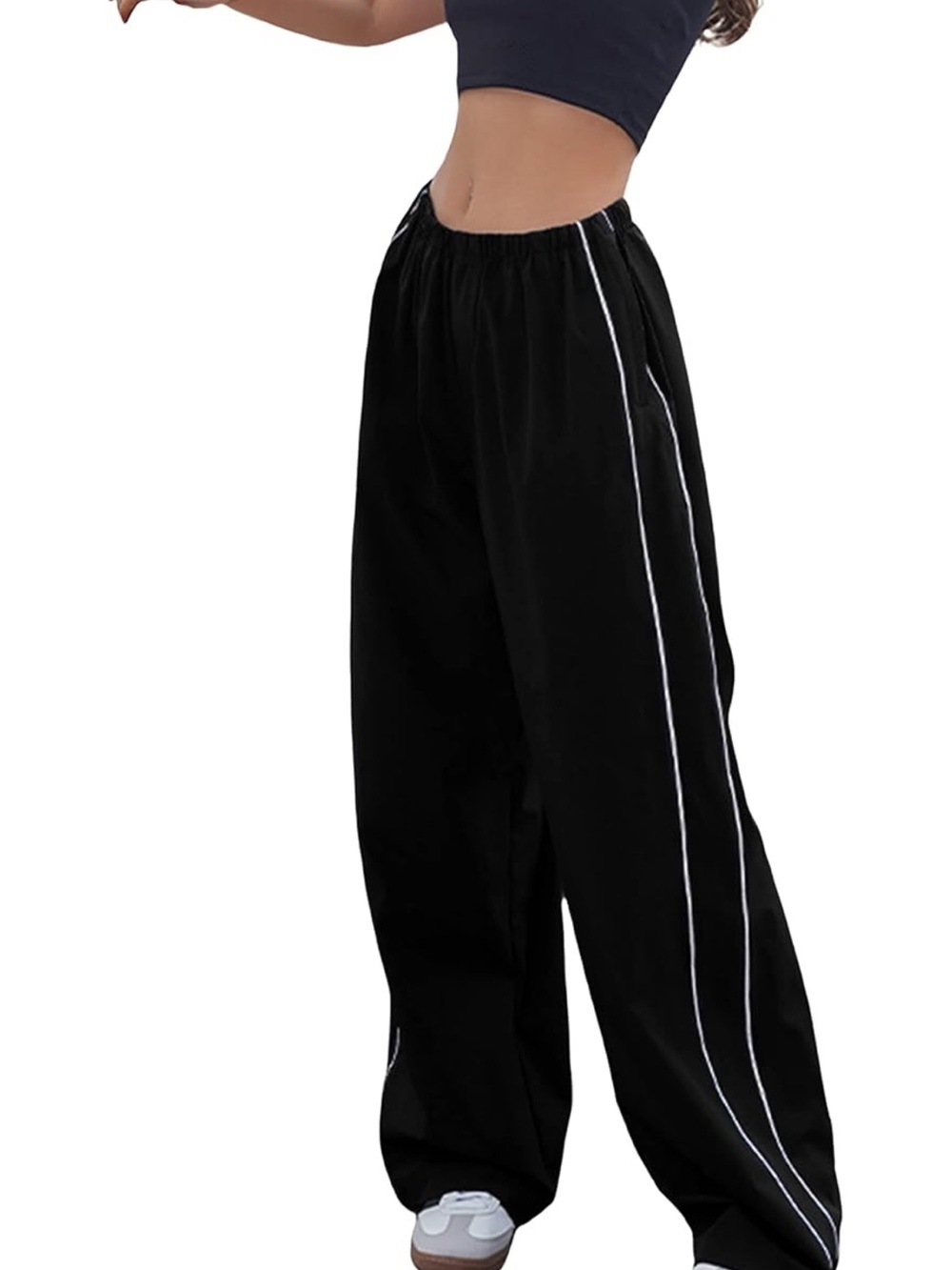 Black Wide-Leg Track Pants with White Piping